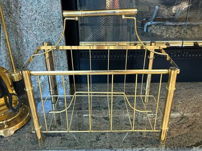 FIREPLACE TOOLS, DECORATIVE HANGING HORSESHOE, AND BRASS RACK