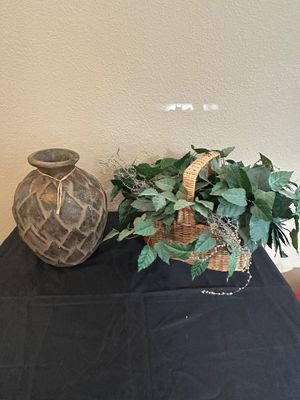 VINTAGE RUSTIC POTTERY VASE AND WICKER BASKET WITH FAUX GREENERY