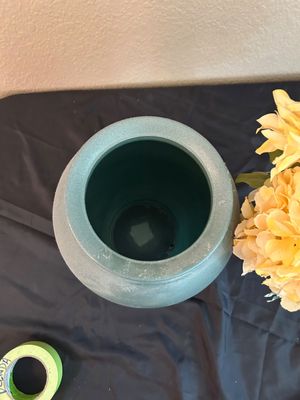 CUT GLASS VASE AND TEAL POT HOME DECOR
