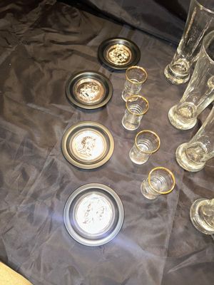 BEER GLASSES, SHOT GLASSES, AND COASTERS