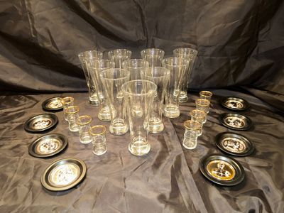 BEER GLASSES, SHOT GLASSES, AND COASTERS