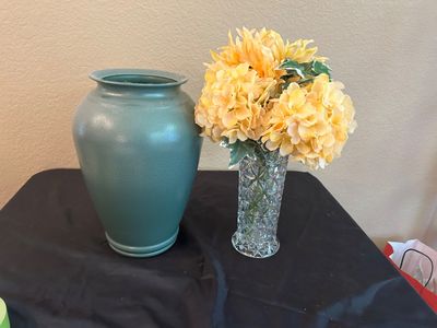 CUT GLASS VASE AND TEAL POT HOME DECOR