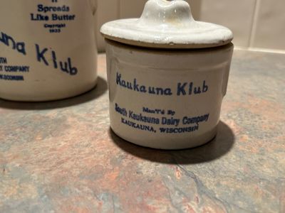 VINTAGE KAUKAUNA KLUB AND LAMBRECHT BUTTER STONEWARE CROCKS