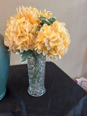 CUT GLASS VASE AND TEAL POT HOME DECOR