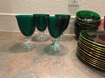 ROYAL KENDAL FINE BONE CHINA PLATES,, GREEN & RED COLORED WATER GOBLETS AND PLATES & MORE