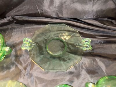 GREEN URANIUM TEA, CUPS, SAUCERS, AND CREAM AND SUGAR DEPRESSION GLASS