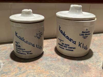 VINTAGE KAUKAUNA KLUB AND LAMBRECHT BUTTER STONEWARE CROCKS