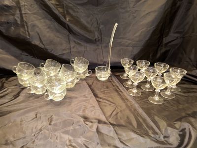 THICK GLASS PEDESTAL PUNCH BOWL WITH GLASS LADEL AND CRYSTAL STEMED GLASSES AND PUNCH BOWL GLASSES