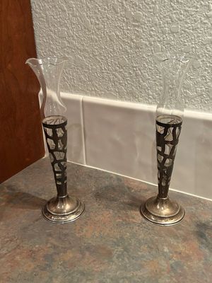 GOTHIC BORDER TEA POT, BRASS BOOK ENDS, SILVER AND GLASS BUD VASES AND MORE