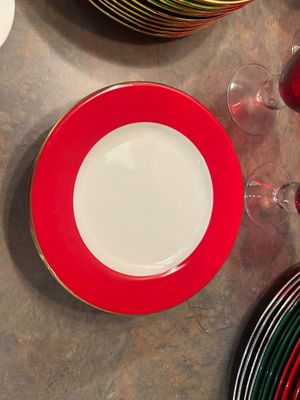 ROYAL KENDAL FINE BONE CHINA PLATES,, GREEN & RED COLORED WATER GOBLETS AND PLATES & MORE