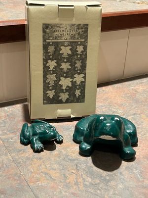 DEMPSTER CAST IRON FROG PAPERWEIGHTS AND CERAMIC WINDCHIME