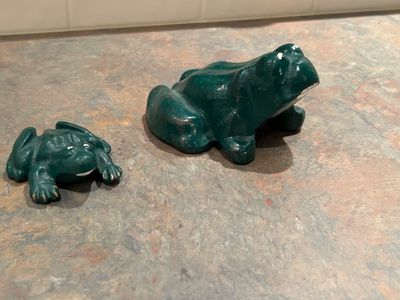DEMPSTER CAST IRON FROG PAPERWEIGHTS AND CERAMIC WINDCHIME