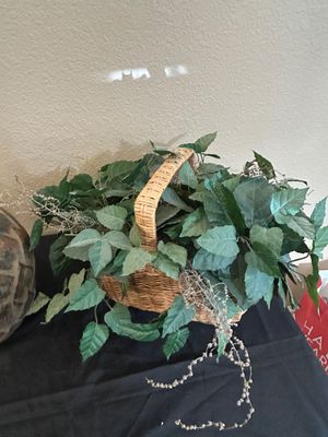 VINTAGE RUSTIC POTTERY VASE AND WICKER BASKET WITH FAUX GREENERY
