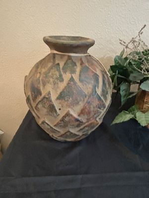 VINTAGE RUSTIC POTTERY VASE AND WICKER BASKET WITH FAUX GREENERY