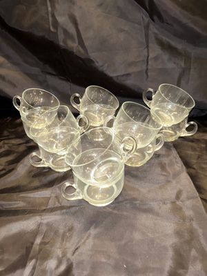 THICK GLASS PEDESTAL PUNCH BOWL WITH GLASS LADEL AND CRYSTAL STEMED GLASSES AND PUNCH BOWL GLASSES