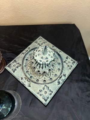 ASSORTED HOME DECORATIVE GLASSWARE AND CAST INCENSE BURNER