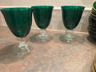 ROYAL KENDAL FINE BONE CHINA PLATES,, GREEN & RED COLORED WATER GOBLETS AND PLATES & MORE