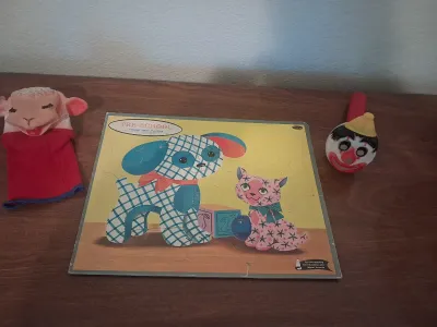 VINTAGE CLOWN FLASHLIGHT, LAMB CHOPS PUPPETS AND PRESCHOOL PUZZLE