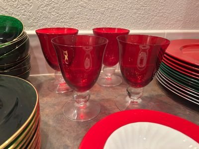 ROYAL KENDAL FINE BONE CHINA PLATES,, GREEN & RED COLORED WATER GOBLETS AND PLATES & MORE