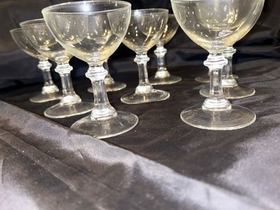 THICK GLASS PEDESTAL PUNCH BOWL WITH GLASS LADEL AND CRYSTAL STEMED GLASSES AND PUNCH BOWL GLASSES