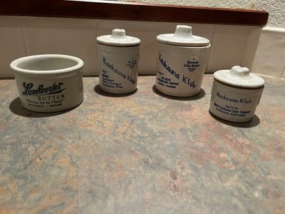 VINTAGE KAUKAUNA KLUB AND LAMBRECHT BUTTER STONEWARE CROCKS