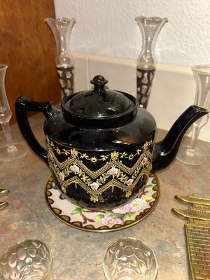 GOTHIC BORDER TEA POT, BRASS BOOK ENDS, SILVER AND GLASS BUD VASES AND MORE