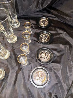 BEER GLASSES, SHOT GLASSES, AND COASTERS
