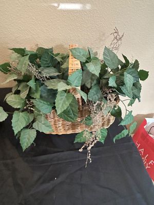VINTAGE RUSTIC POTTERY VASE AND WICKER BASKET WITH FAUX GREENERY