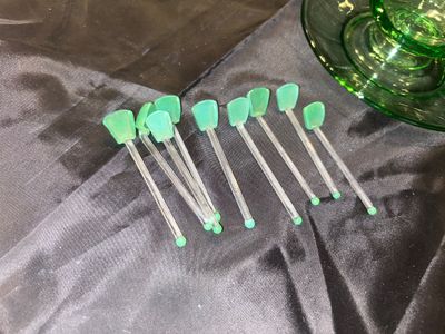 GREEN URANIUM TEA, CUPS, SAUCERS, AND CREAM AND SUGAR DEPRESSION GLASS