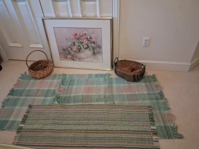 BARBARA MOCK SIGNED ART PRINT, WOVEN RUGS & BASKETS LOT