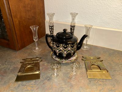 GOTHIC BORDER TEA POT, BRASS BOOK ENDS, SILVER AND GLASS BUD VASES AND MORE