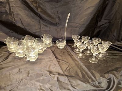 THICK GLASS PEDESTAL PUNCH BOWL WITH GLASS LADEL AND CRYSTAL STEMED GLASSES AND PUNCH BOWL GLASSES