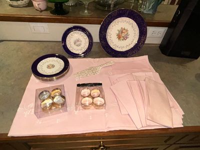 PINK EMBROIDER TABLECLOTH, MATCHING NAPKINS, 22 KARAT GOLD EMBOSSED ROYAL CHINA AND PLATED NAPKIN RINGS
