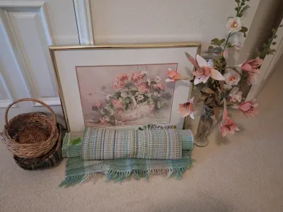 BARBARA MOCK SIGNED ART PRINT, WOVEN RUGS & BASKETS LOT