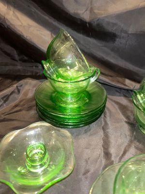 GREEN URANIUM TEA, CUPS, SAUCERS, AND CREAM AND SUGAR DEPRESSION GLASS