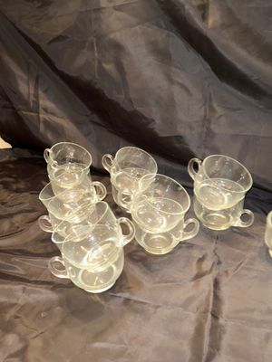 THICK GLASS PEDESTAL PUNCH BOWL WITH GLASS LADEL AND CRYSTAL STEMED GLASSES AND PUNCH BOWL GLASSES