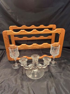 LEAD CRYSTAL STEMMED GLASSES, WINE RACK, AND TWO CANDLESTICK HOLDERS