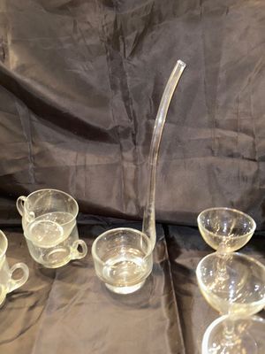 THICK GLASS PEDESTAL PUNCH BOWL WITH GLASS LADEL AND CRYSTAL STEMED GLASSES AND PUNCH BOWL GLASSES