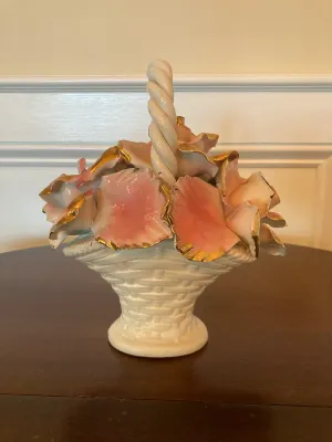Vintage Capodimonte - Style Porcelain Flower Basket with Hand Painted Pink Roses