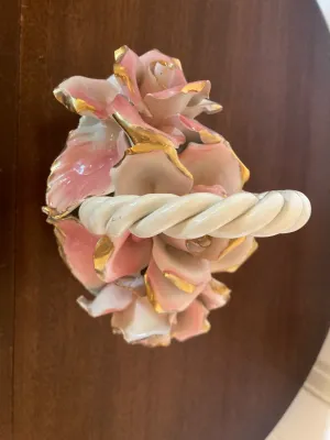 Vintage Capodimonte - Style Porcelain Flower Basket with Hand Painted Pink Roses