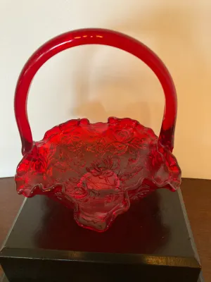 Vintage Fenton Ruby Red Glass Basket Ruffle Rim & Rose Pattern