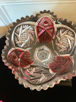 Vintage "Ruby" Imperial Glass Whirling Star Pedistal Bowl