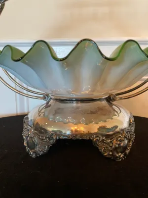 Antique Silver Plate Brides Basket Art Glass Bowl