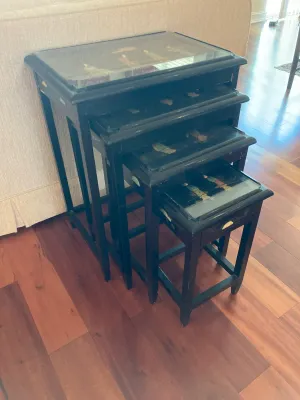 Vintage Black Laquer Nesting Tables with Glass Tops with Inlaid Jade Carved Figures