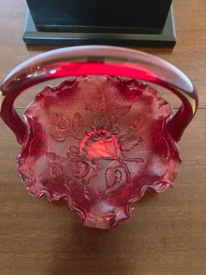 Vintage Fenton Ruby Red Glass Basket Ruffle Rim & Rose Pattern