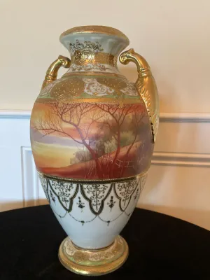 Hand Painted Antique Nippon Porcelain 2 Handled Scenic Urn Vase