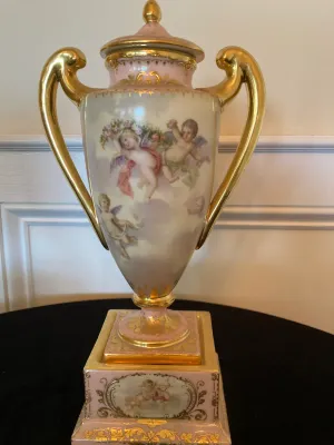 Pair of Decorative Hand Painted Porcelain Urns w/lids