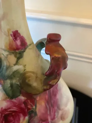 Porcelain Vase w/Scrolled Twin Handles Rose Décor