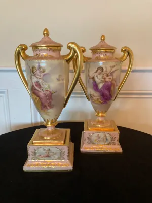 Pair of Decorative Hand Painted Porcelain Urns w/lids
