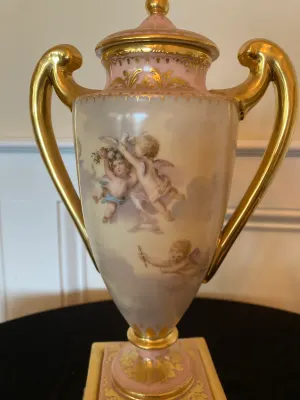 Pair of Decorative Hand Painted Porcelain Urns w/lids